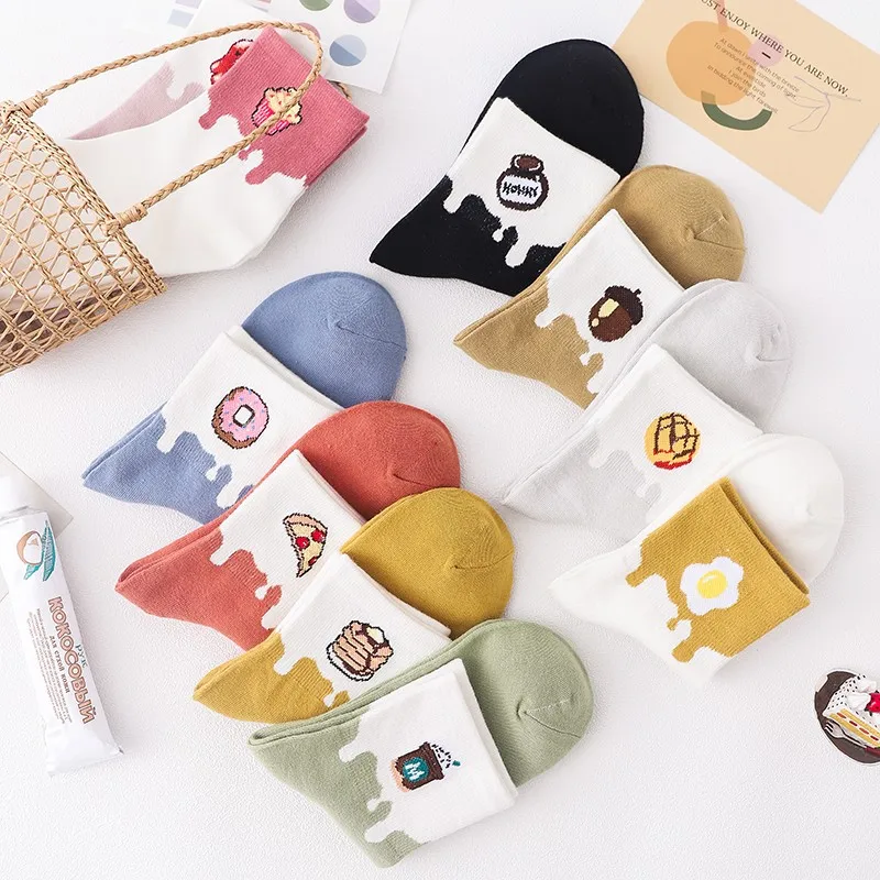 

Funny Cute Food Print Women Socks Korean Ins Cartoon Colorful Long Crew Female Cotton Socks Donuts Pizza Cake Eggs Pattern Socks