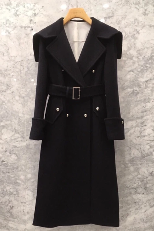 

2021 women Navy collared woolen blended coat female middle-length winter Korean version loose-fitting belt printed tweed jacket