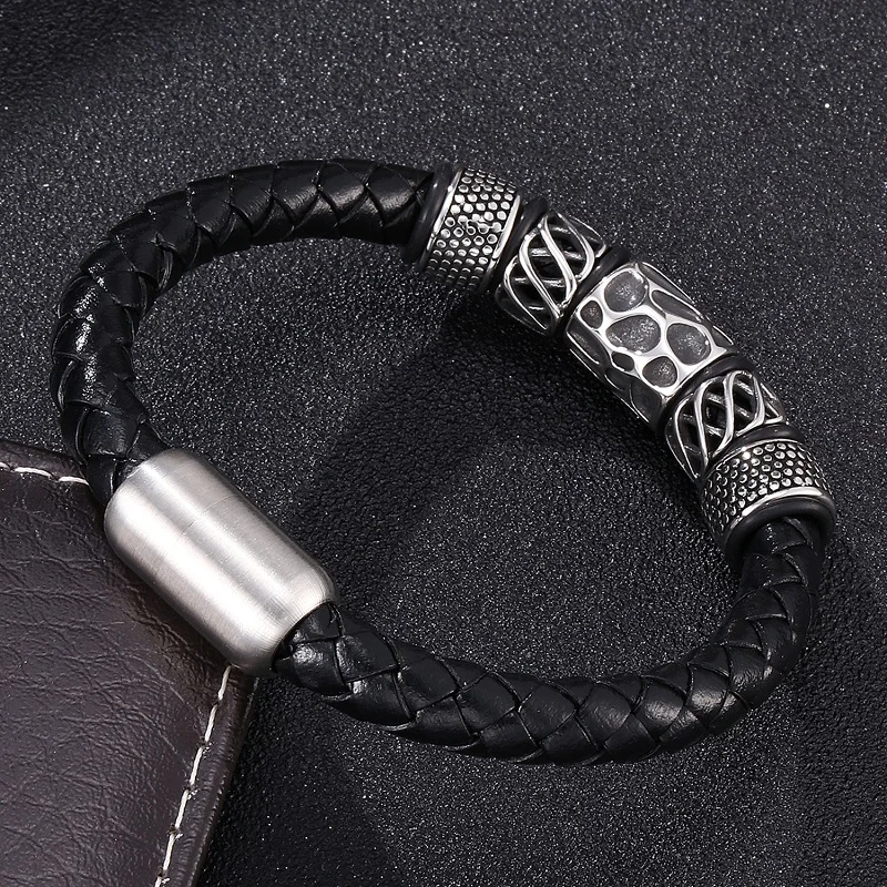 Новые черные браслеты мужские Модные из нержавеющей стали с бусинами кожаные