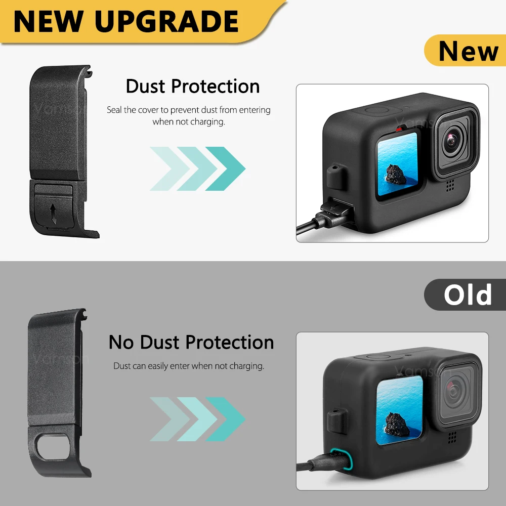 Боковая крышка аккумулятора Vamson с силиконовым чехлом для GoPro Hero 10 9 черная Съемная