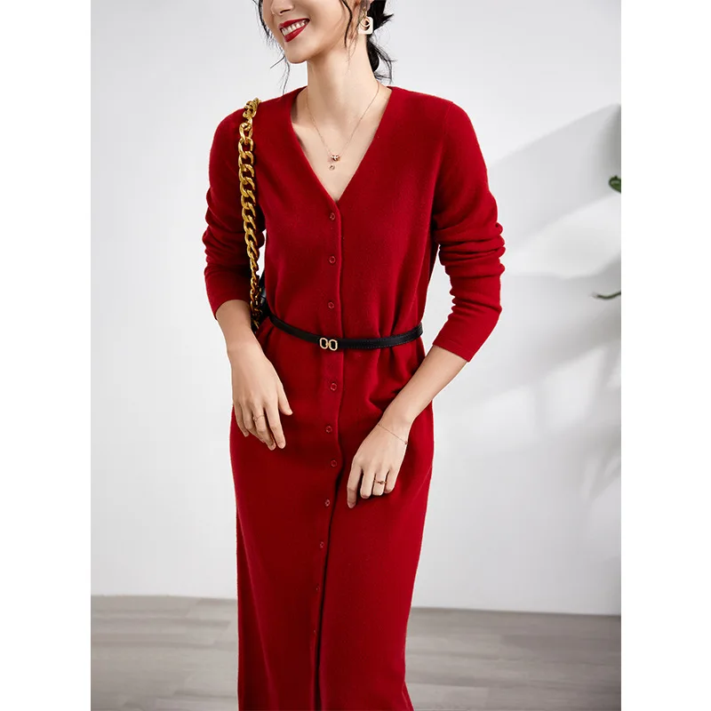 

Full wool thick knitted dress v-neck autumn and winter retro Hepburn style French dresses for women