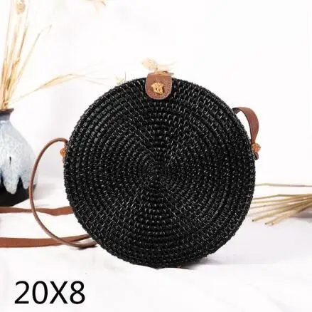 blackpikou20x8cm Плетеная Сумка из ротанга, круглая соломенная сумка на плечо, маленькие пляжные сумки, женские летние полые сумки ручной работы, сумки через плечо - Цвет: blackpikou20x8cm