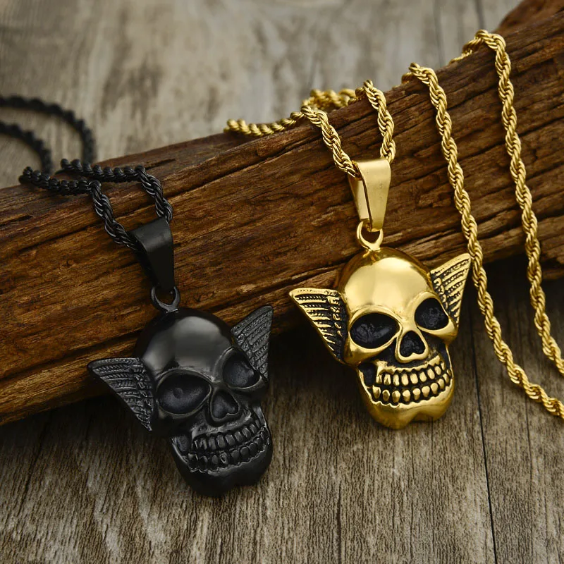 Valily Stainless Steel Skull Pendant For Man Punk Jewelry Angel Wings Necklace wholesale | Украшения и аксессуары