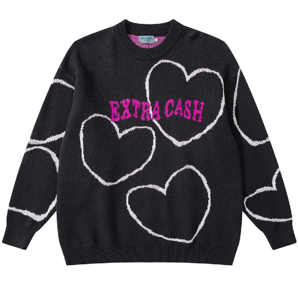 

Mens Hip Hop Streetwear Harajuku Sweater Vintage Retro Letter Heart Anime Knitted Sweater 2021 Autumn Cotton Pullover Black