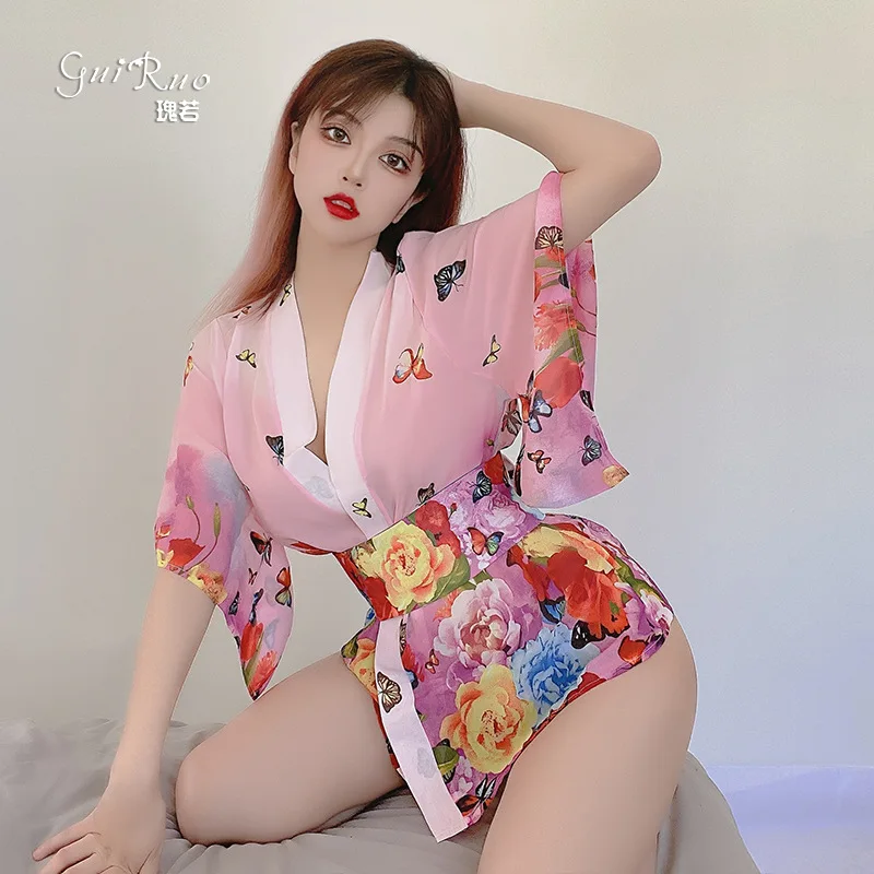 

Brand high-end sexy lingerie Sexy printed chiffon perspective role-playing kimono hot passion uniform suit 304