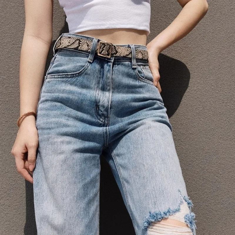 

Womengaga High Quality 2021 New Style Button Thin Loose Hole High Waist Wide Leg American Leisure Jeans Pants S1bs