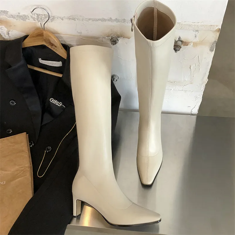 

Meotina Knee High Boots Women Shoes Pointed Toe Chunky Heels Long Boots Zipper High Heels Fashion Lady Boots Autumn Beige Black