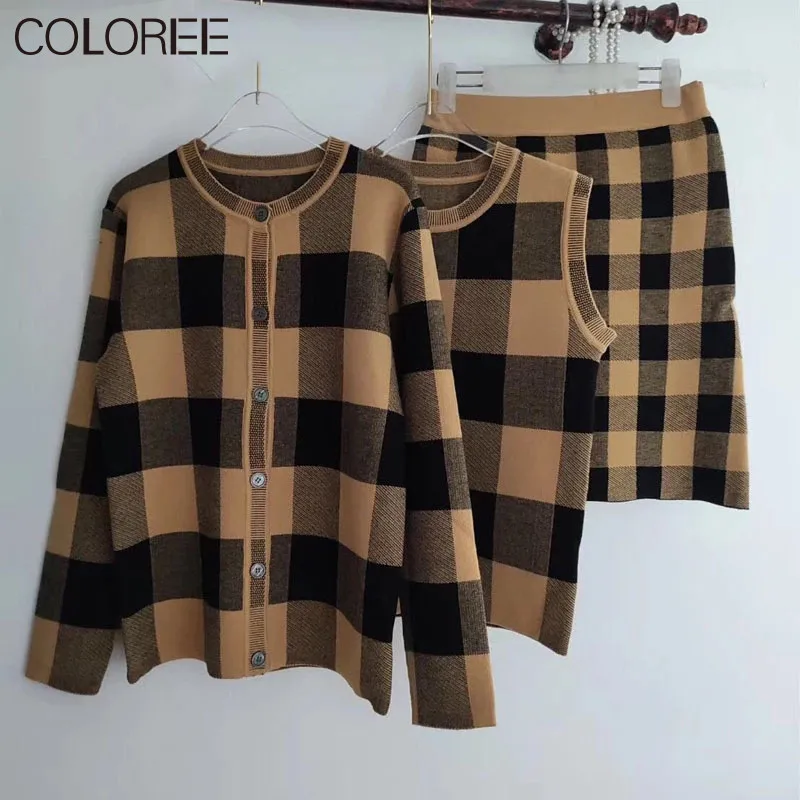 

Two piece set women 2020 autumn winter high street elegant knitted plaid sweater vest top and mini skirt suit clothes outfits