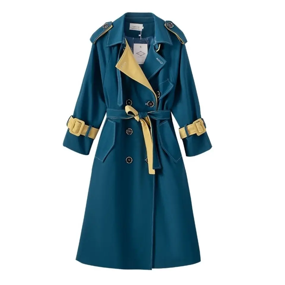

Women Trench Coat Fashion Spring Fall Casual Cotton With Over Size Long Coats Top Double breasted Color Matching Windbreaker 561