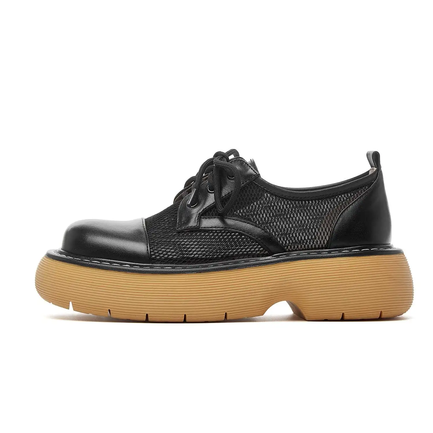 

Krazing Pot size 40 cow leather round toe flat platform mesh breathable summer shoes loafers lace up casual vulcanized shoes l01