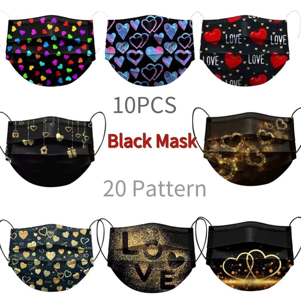 

10 шт., черная дизайнерская маска для женщин, модная черная маска с принтом сердца, черные одноразовые маски