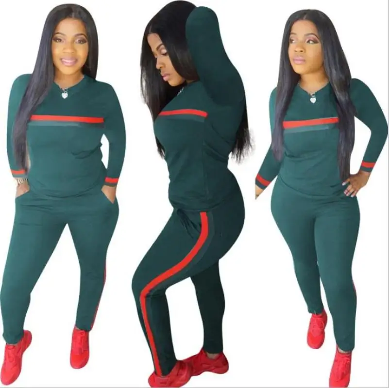 

Stripe Tracksuits 2 Set Piece Set Woman Tops Sweatshirt Long Pants Pockets Club Suits Overalls Outfit