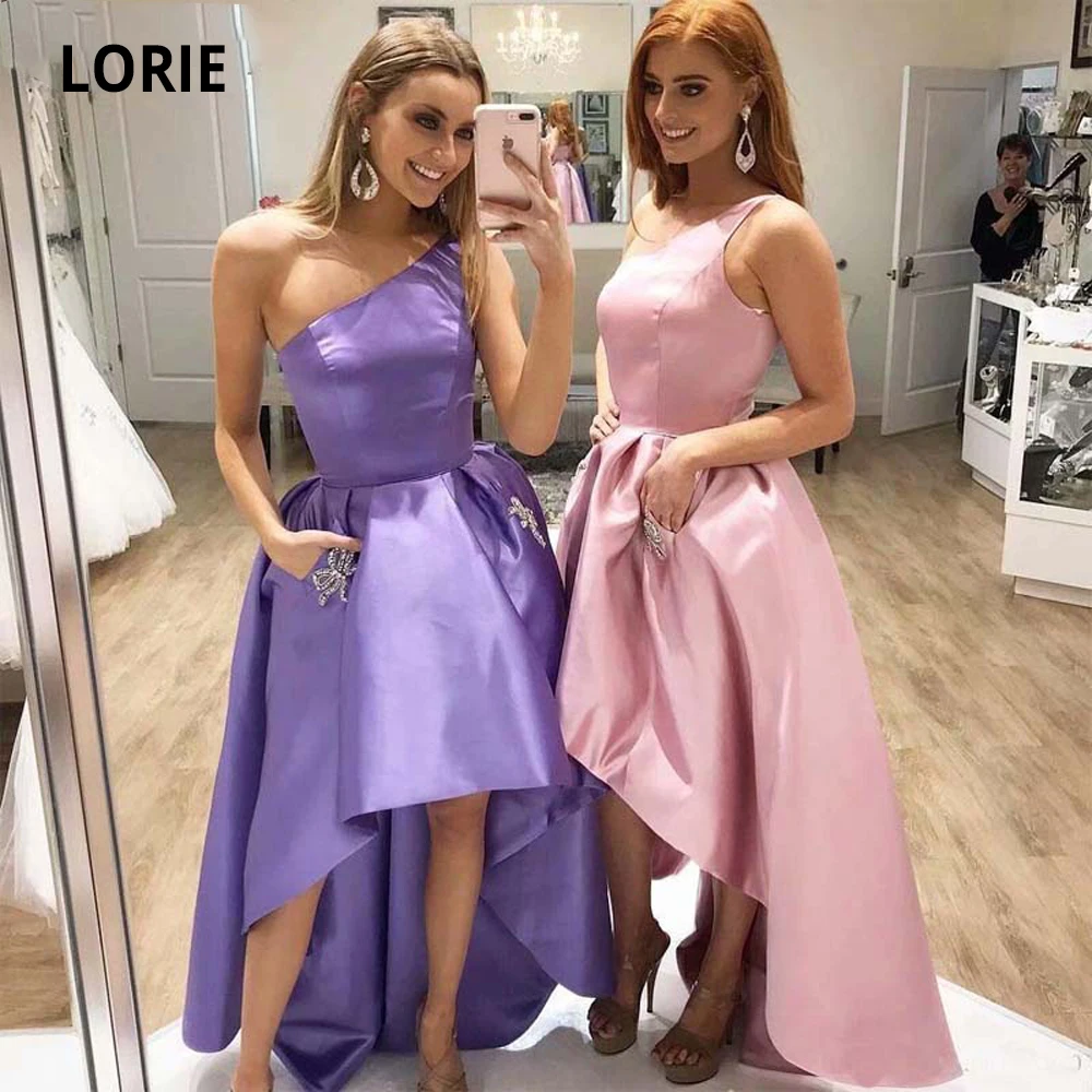 

LORIE атласное платье на одно плечо с высоким и низким вырезом для выпускного вечера с карманами кристаллами бусинами простое платье для вечевечерние платье для особых случаев 2020