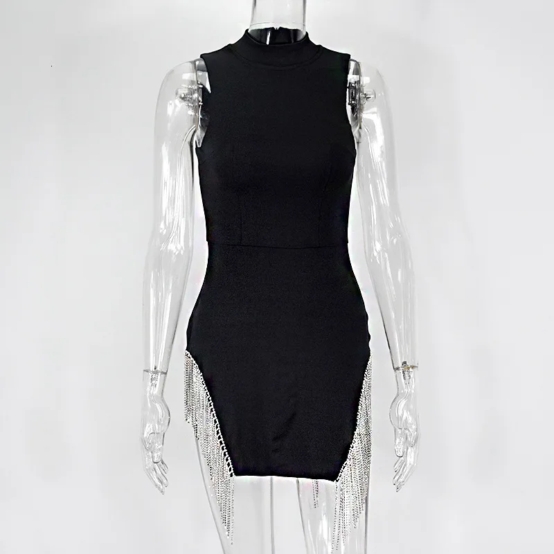 BEELVES Tassel Bodycon Mini Dress Women Autumn Sleeveless O Neck High Waist Black Sexy Dresses Party Night Club | Женская одежда