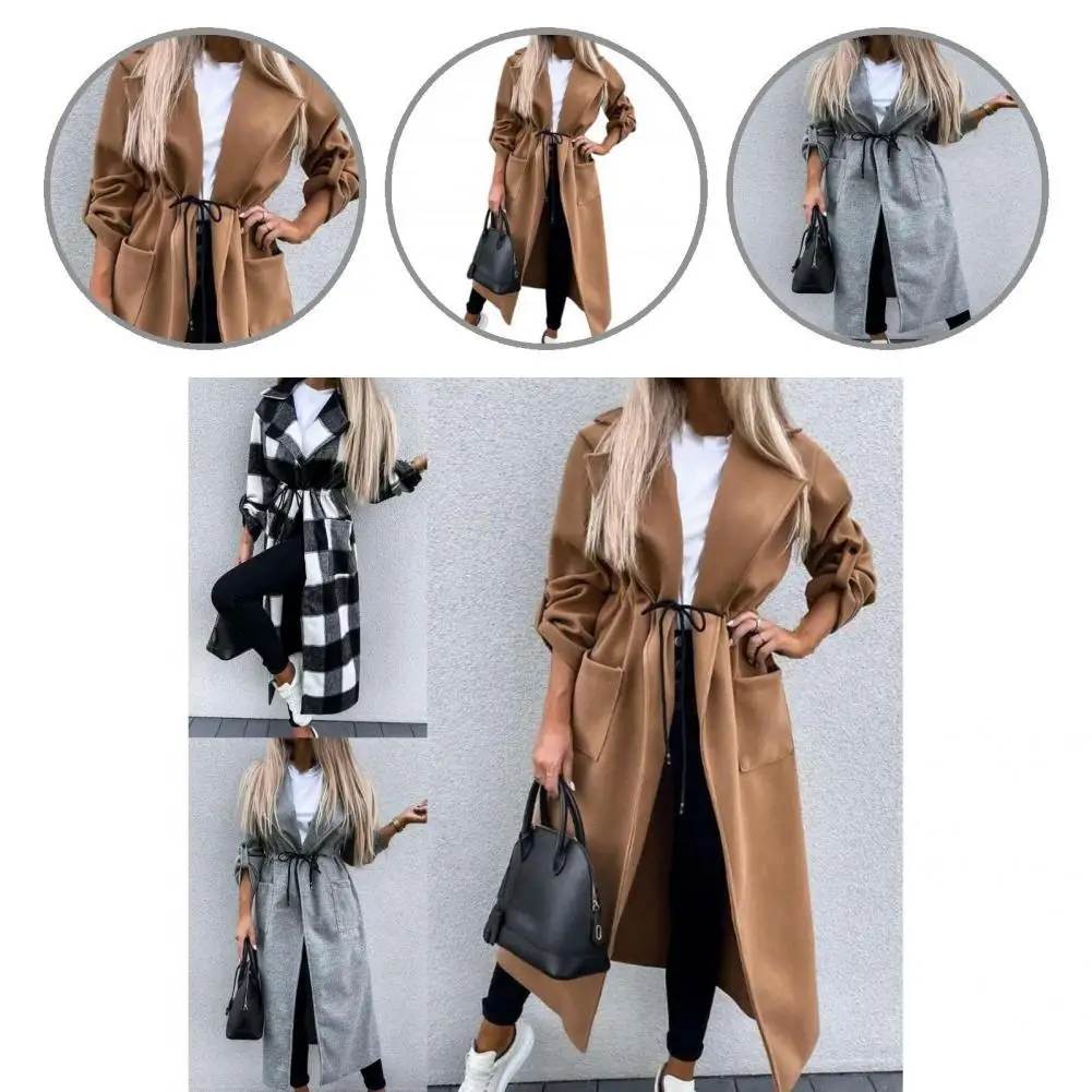 

Autumn Jacket Solid Color Drawstring Grid Lace-up Plaid Waist L Long Winter Jacket