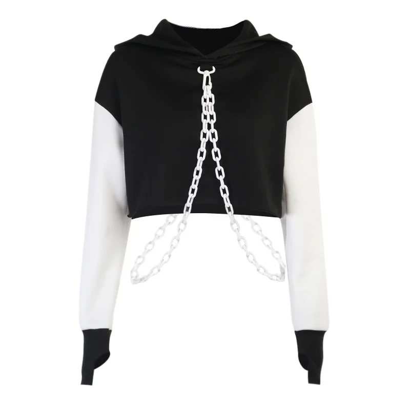 

Autumn Women Hoodies Casual Contrasting Chain Long Sleeved Short Hoodie Loose Jumper O-Neck Pullover Tops Modern