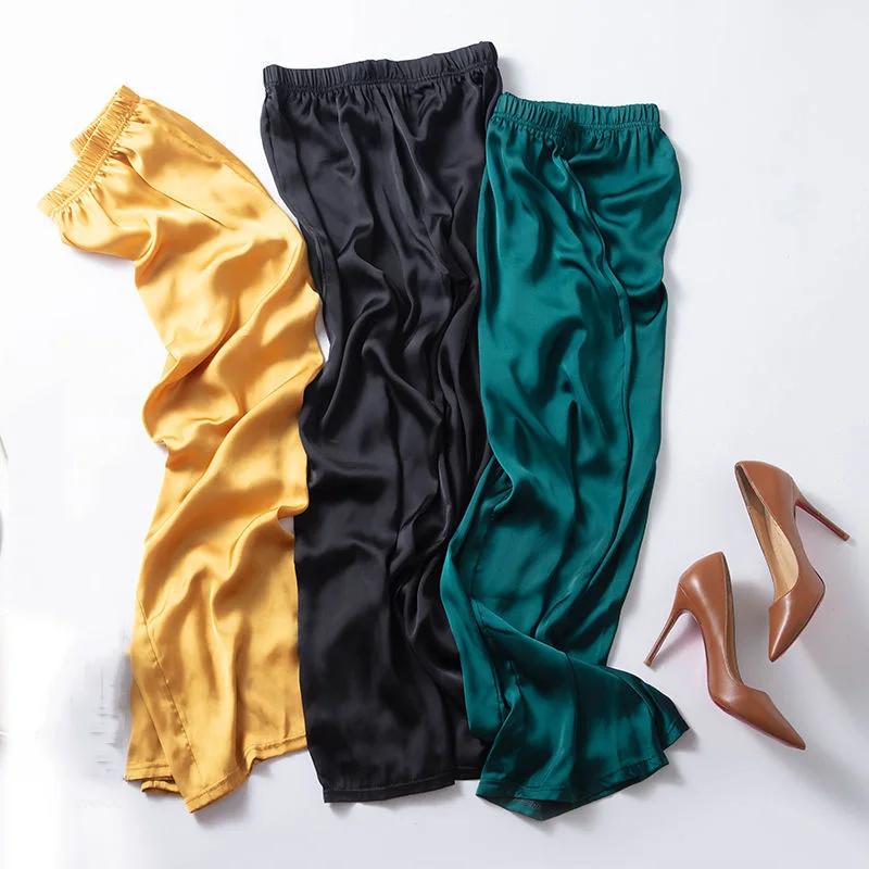 

Oversize Lady High Waist Elastic Smooth Satin Ankle-Length Wide Leg Pants Summer Causal Trousers Korean Straight Baggy Pantalon