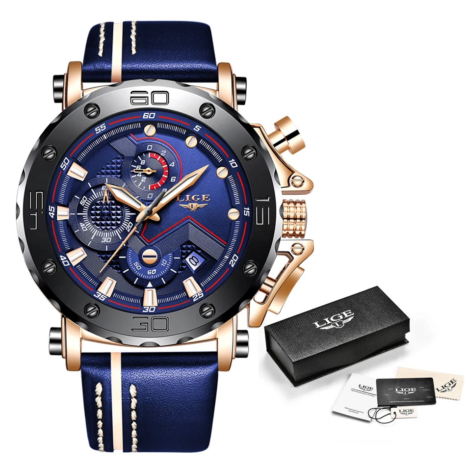 Blue LIGE, новые модные мужские часы, Топ бренд, Роскошные, большой циферблат, военные кварцевые часы, кожа, водонепроницаемые, спортивные часы с хронографом для мужчин - Цвет: Blue