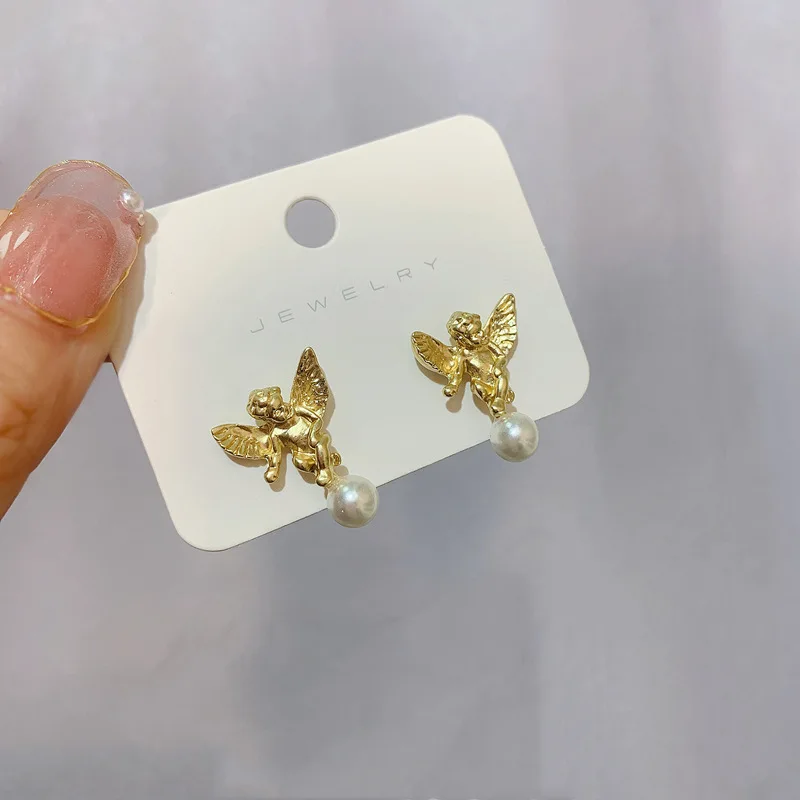 

Little Angel Statue Silver Needle Earrings Baroque Vintage Palace Pearl Earrings 2021 New Earrings Women Earrings Jewelry