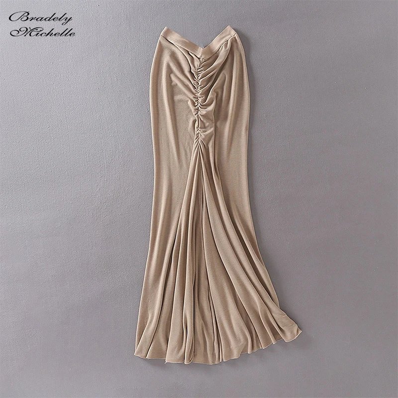

Fashion Women Summer Tight Bodycon Pleated Pencil Skirt Solid Sexy Elastic High-Waist Long Skirt