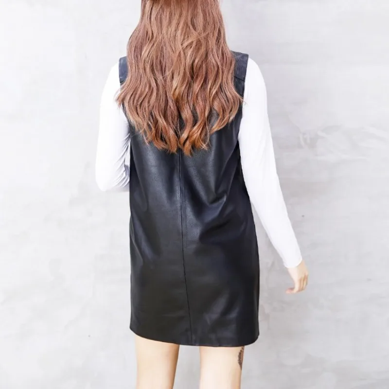 

Sleeveless Natural Leather Dress Womens Autumn Winter New Sheepskin V-Neck Pocket Dress Street Sweet Safari Pullover Short Dress