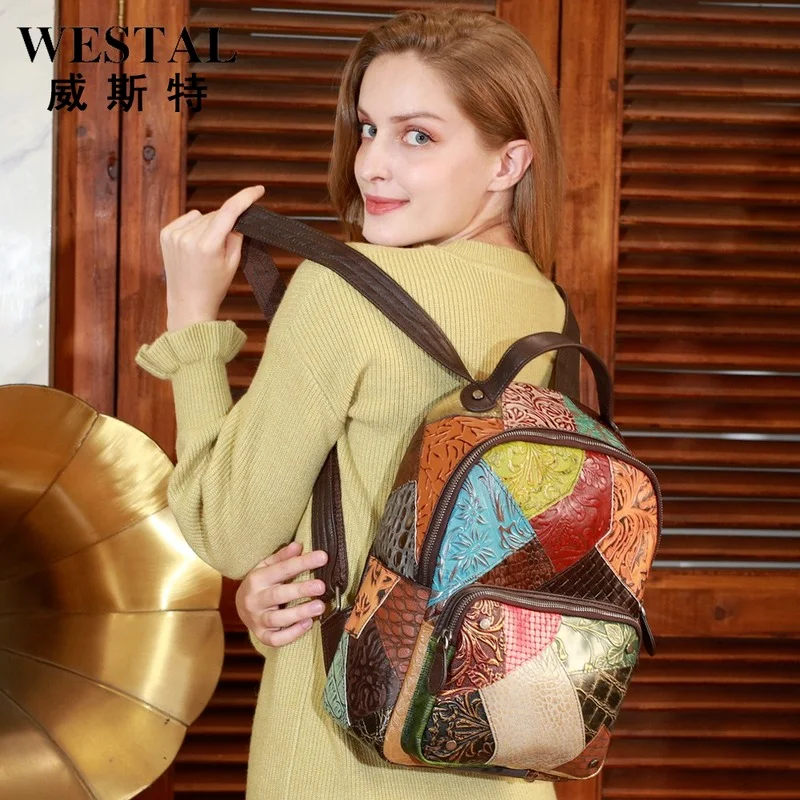 

2021 new woman bag head layer cowhide embossed women's backpack contrast color handmade leather large-capacity backpack