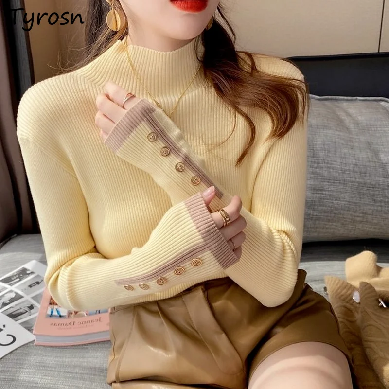 

Women Sweaters Mock Neck Patchwork Designed Elegant Lady All-match Korean Style Knitted Temperament Retro Femme Slim Cozy Chic