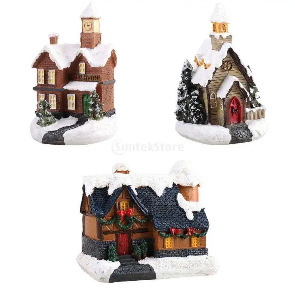 

3pcs Resin Christmas Scene Snow House Cute Village Set Desktop Decor Toy