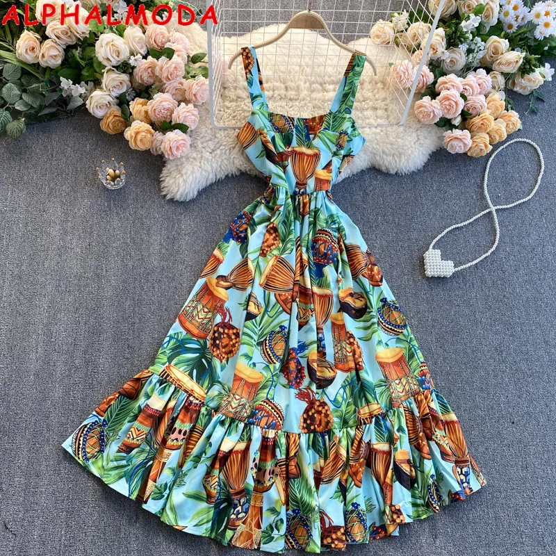 

ALPHALMODA Seaside Holiday Dress Square Collar Slim High Waist Ruffled Tank Dress Floral Printed Feminine Sundress for Women