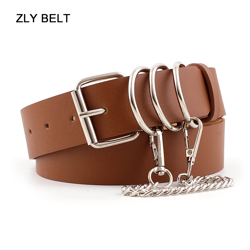 ZLY 2022 New Fashion Belt Men Women Unisex Punk Style PU Leather Material Alloy Metal Pin Buckle Chains Decoration Casual Belt