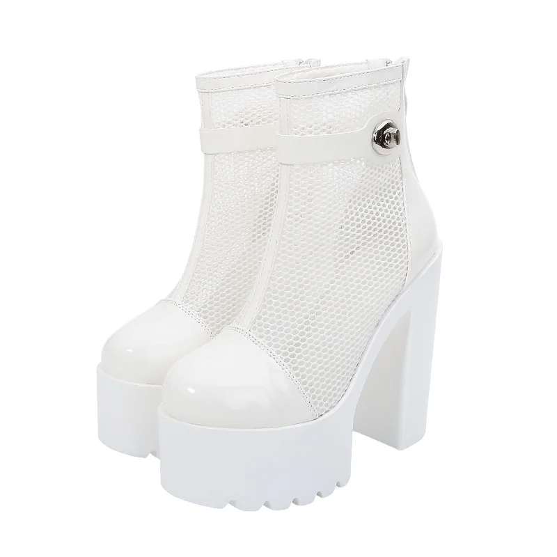 

14cm thick heel super high heels new stage performance shoes platform platform platform white mesh women's shoe 9PQX