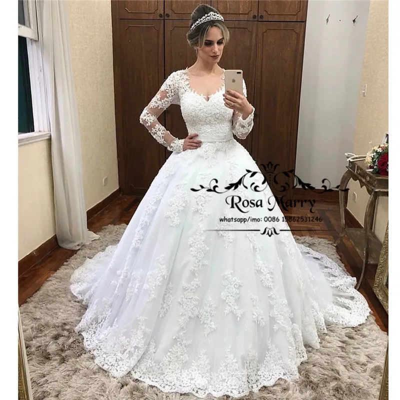 

Princess Long Sleeves Ball Gown Wedding Dresses 2020 Vintage Lace Plus Size Sequined Muslim Vestido De Novia Bridal Gowns