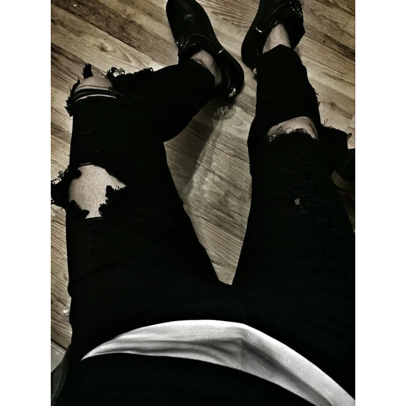 Джинсы-Карандаш мужские стрейчевые дышащие зауженные штаны с дырками большие