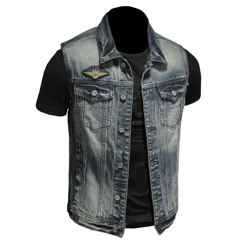 Джинсовые мужские жилеты винтажный синий жилет с вышивкой облегающие джинсы