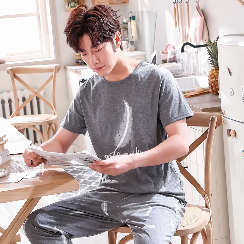 Мужская Хлопковая пижама с короткими рукавами Повседневная Пижама в полоску