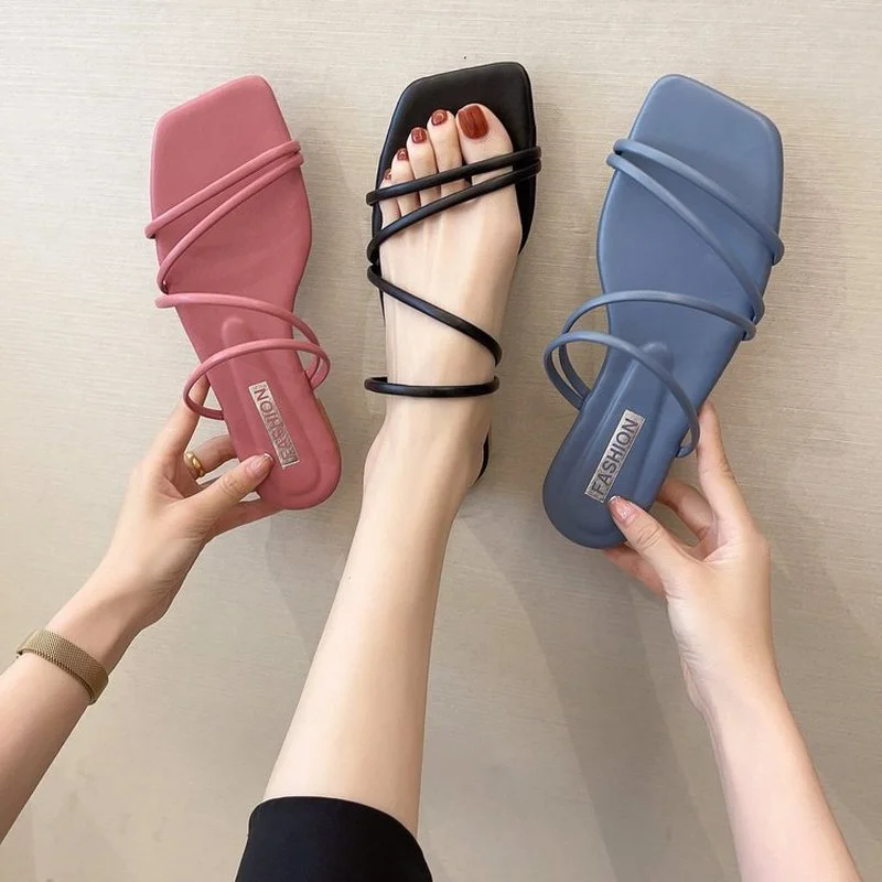 

Summer square head slippers ladies flat sandals candy color Korean version 2021 Roman sandals women new fashion flat bottom 2021