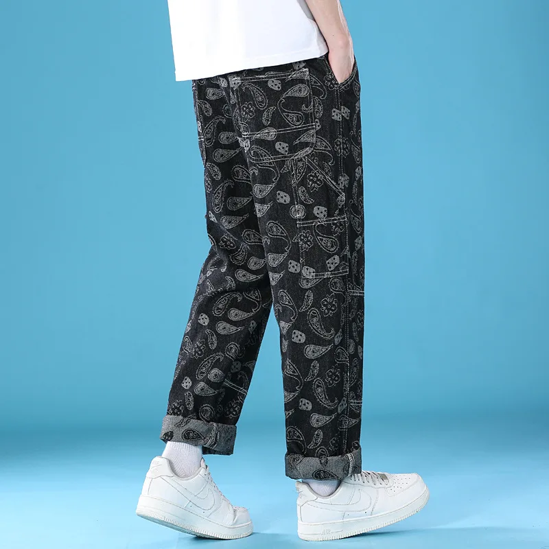 Men's Black Blue Straight Through Cashew Flower Hip Hop Loose Jeans Fashion Casual Street Style Jacquard Denim Trousers 3XL 4XL