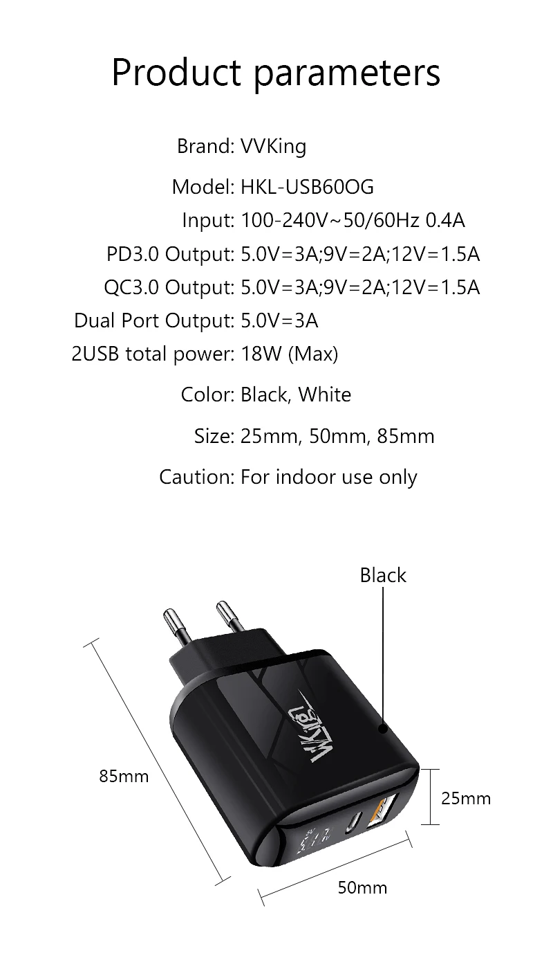 VVKing USB зарядное устройство 18 Вт PD Быстрая зарядка usb type C PD зарядное устройство HD Smart display EU разъем для iPhone 11 Pro samsung Xiaomi зарядка