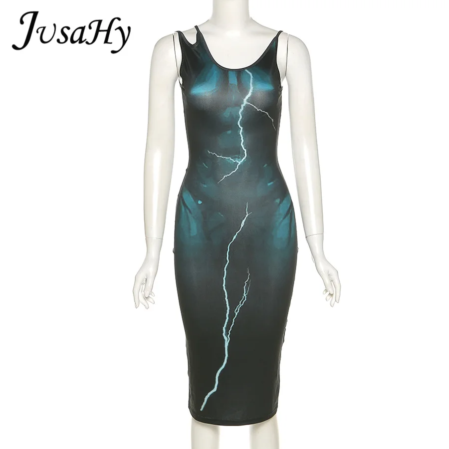 

JuSaHy Y2K Lightning Dots Pattern Print Strap Midi Dress for Women Fashion Slim Bodycon Dress Casual Streetwear Female Vestidos
