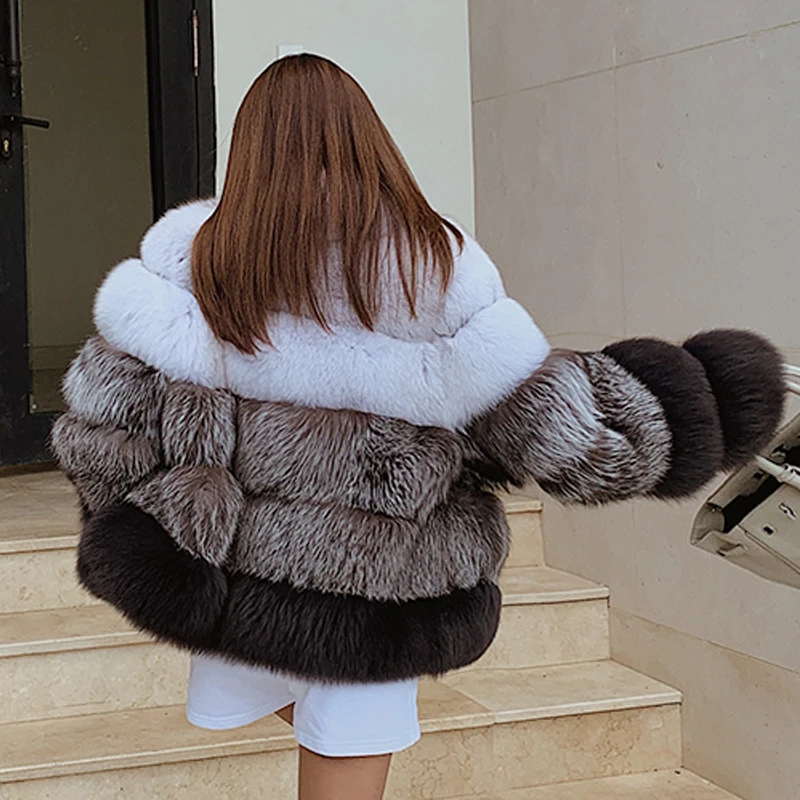 

2021 Winter Women Real Fox Fur Coat Stand Collar Fashion Color Patchwork Genuine Fox Fur Jacket Whole Skin Natural Fur Coats