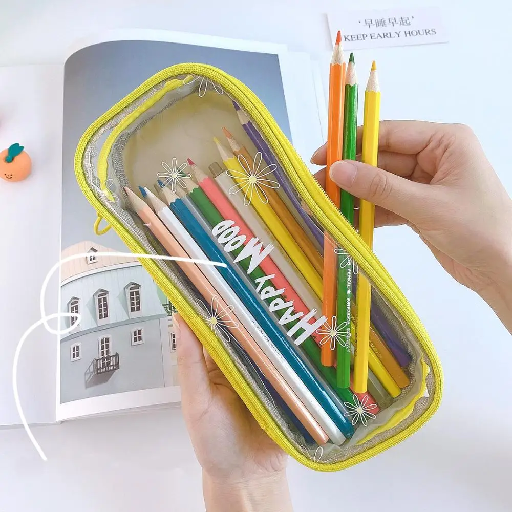 

4 Color Cute Pencil Case Pen Bag Large Size INS Words Transparent Storage Pouch School Student Supplies Travel Waterproof F6396