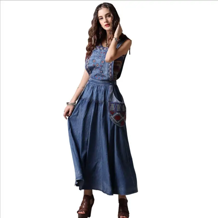 The New Women's Fashion Strapless Denim Dress Retro Embroidered Cotton Sundress Large Pocket trouser summer Dress|Женские платья| |