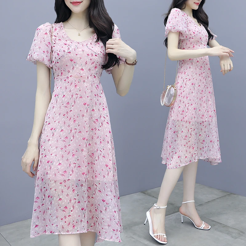 

Women French Dress 2021 Autumn Spring Casual Short Sleeve Long Skirt Female Chiffon Floral Dress Students Party Dress