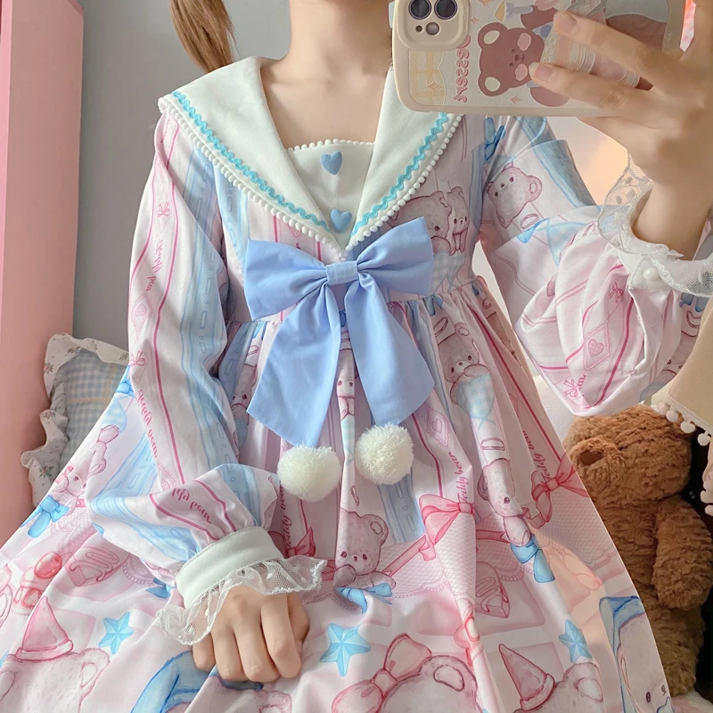 

Factory Original Design NOD BEAR Lolita Soft Girl Long Sleeve Dress Autumn and Winter Days dress for women