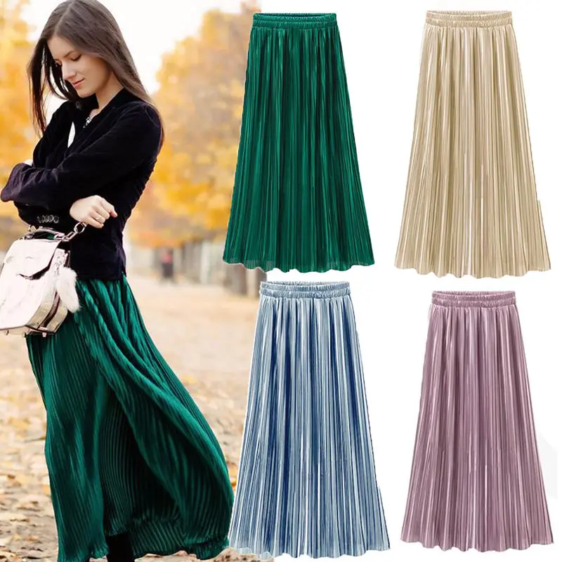 

2020 Spring Women Long Metallic Silver Maxi Pleated Elegant Skirts High Waist Elascity Casual Party Skirt Vintage