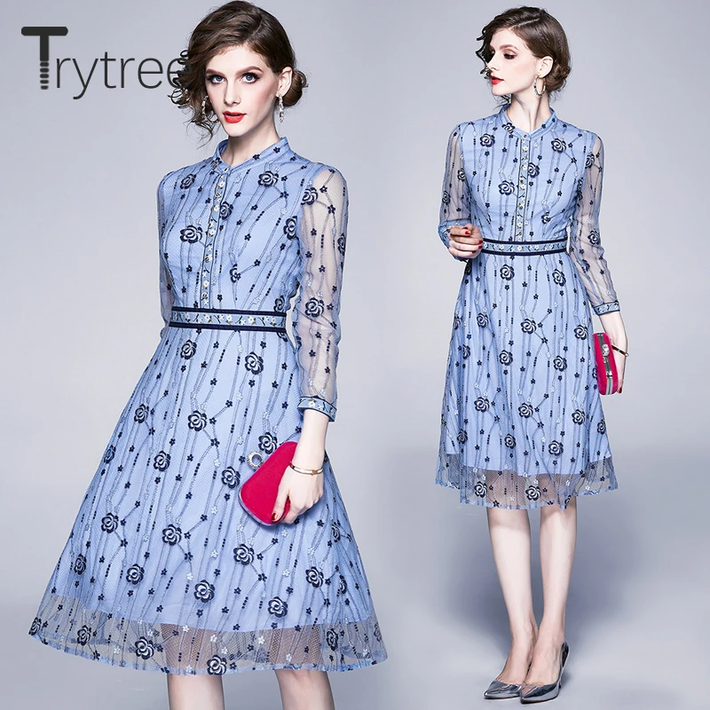 Весеннее женское платье Trytree 2020 повседневное лоскутное А силуэта с круглым