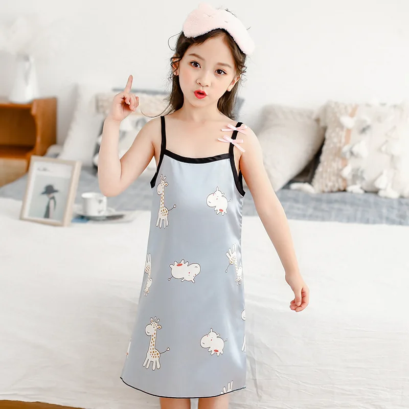 

Korean Princess Nightgowns Girls' Pijama Silk Children Homewear Summer Satin Nightwear Sleeveless Sling Big Girls Teens Clothing