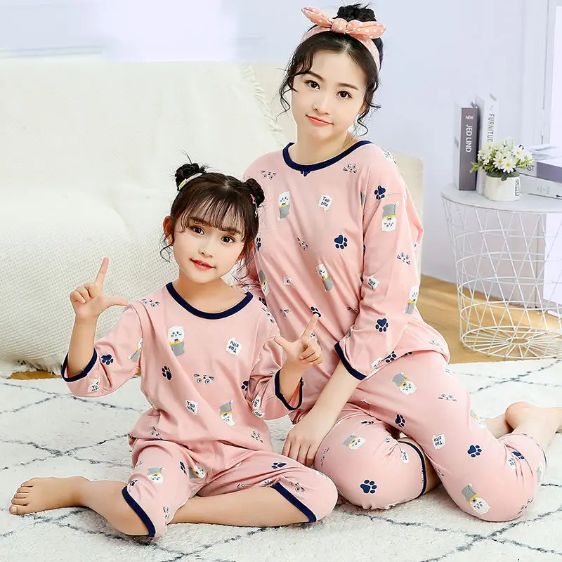 Conjuntos de pijamas de algod&oacute;n a juego para madre e hijo, ropa de dormir de verano para casa familiar-5