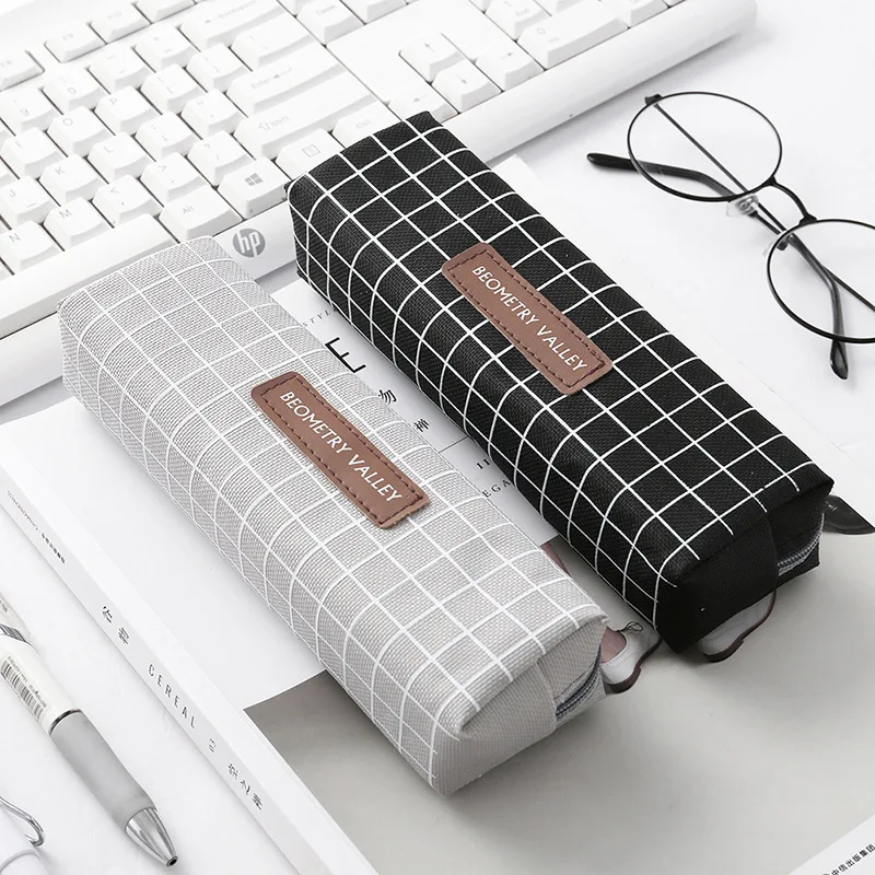 

Canvas Geometric Pencil Case School Simple Striped Grid Solid Color Cute Kawaii Pencil Bag Pouch Office Students Kids Supplies