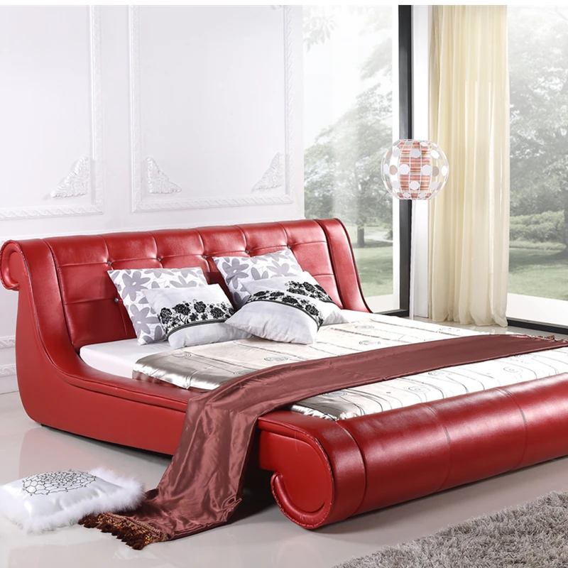 Настоящая современная натуральная кожа красная кровать/мягкая